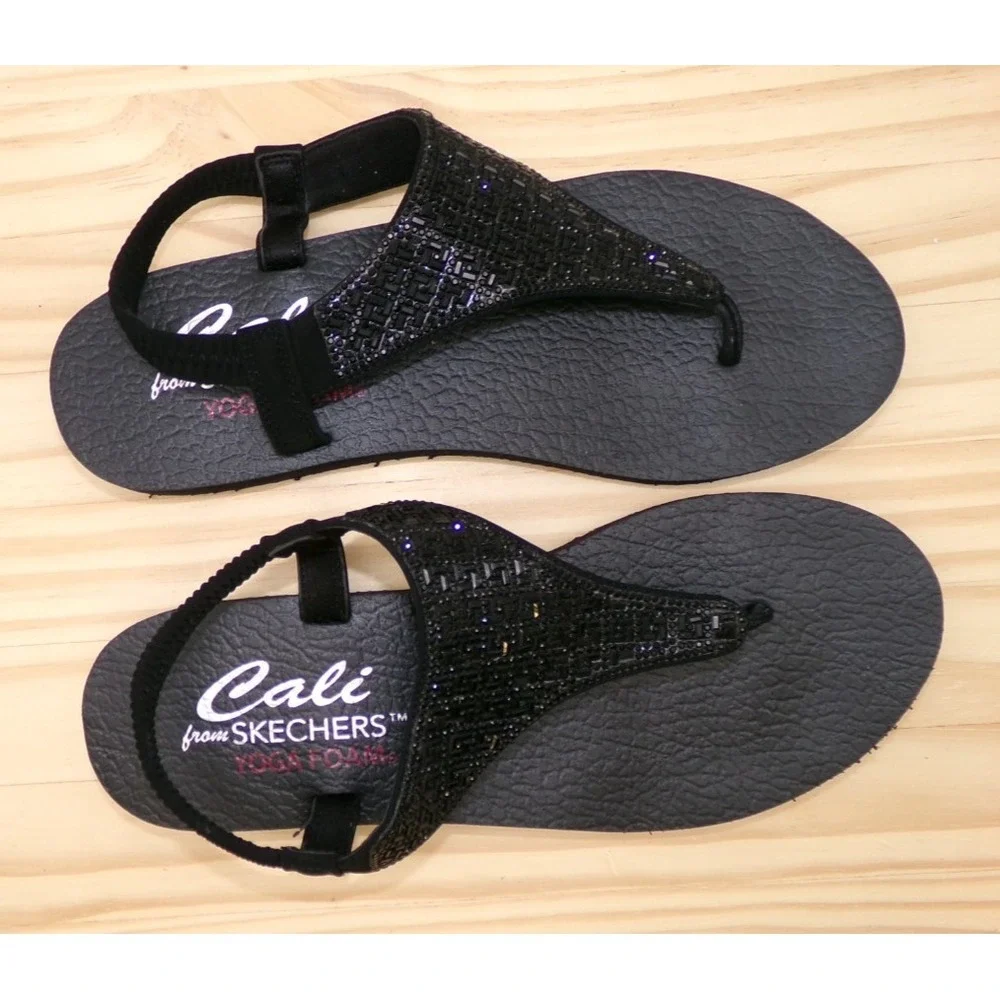 Cali Skechers Meditation Sweet Rock Thong Sandals Womens Black Size 9 Yoga NEW